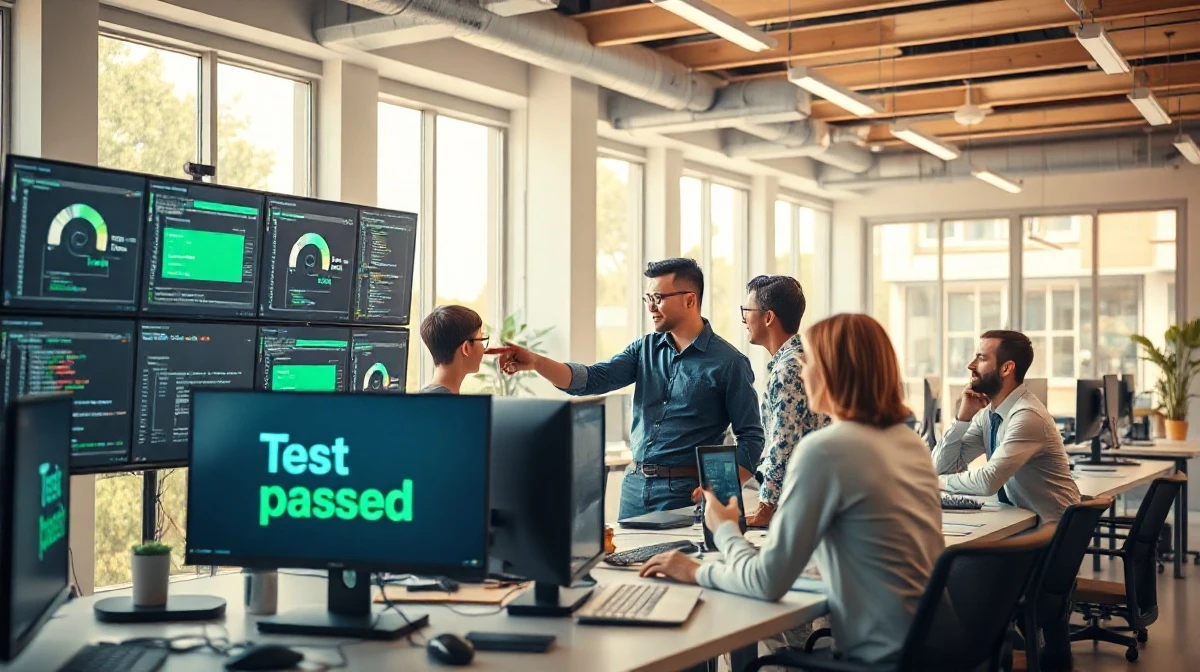 Software engineers collaborating in a modern office, with screens showing automated code testing dashboards