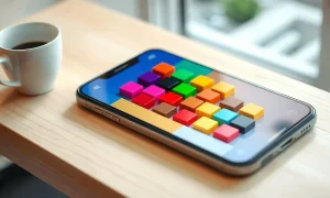 Smartphone displaying a colorful block puzzle game on a wooden desk