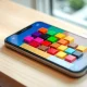 Smartphone displaying a colorful block puzzle game on a wooden desk