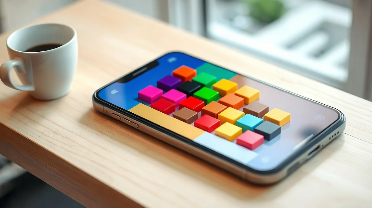 Smartphone displaying a colorful block puzzle game on a wooden desk
