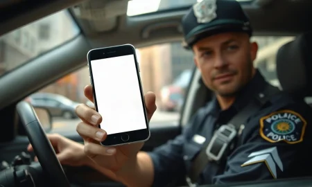 Police officer using a smartphone with Blue Voice AI policy app inside a patrol car