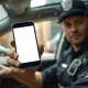 Police officer using a smartphone with Blue Voice AI policy app inside a patrol car