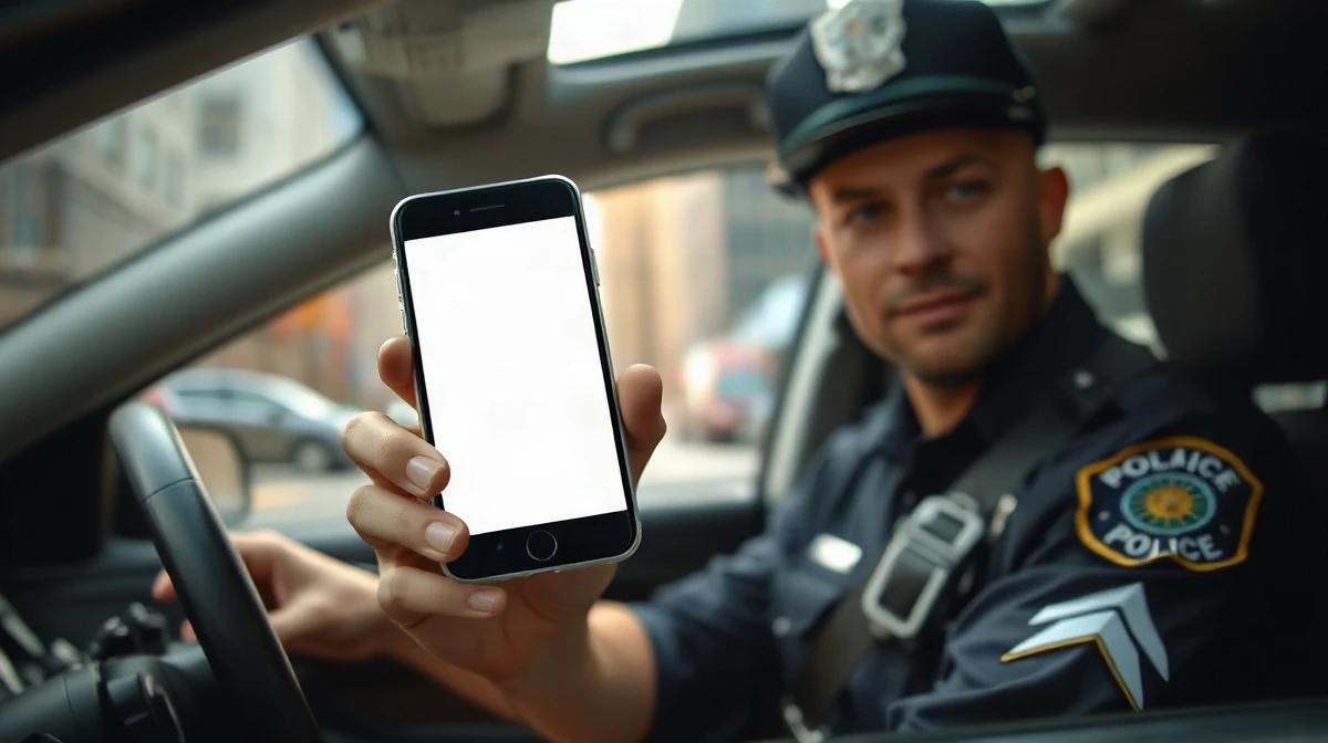 Police officer using a smartphone with Blue Voice AI policy app inside a patrol car