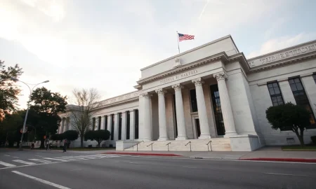 Federal Reserve building in Washington, D.C., with classical marble columns under a cloudy sky