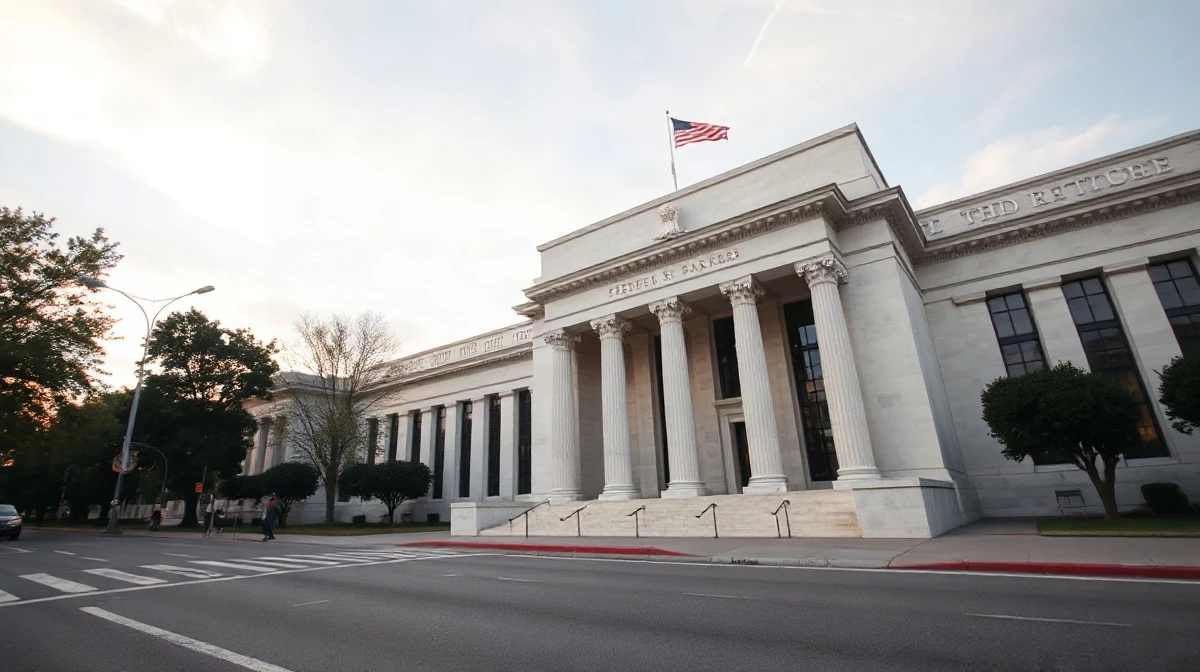 Federal Reserve building in Washington, D.C., with classical marble columns under a cloudy sky
