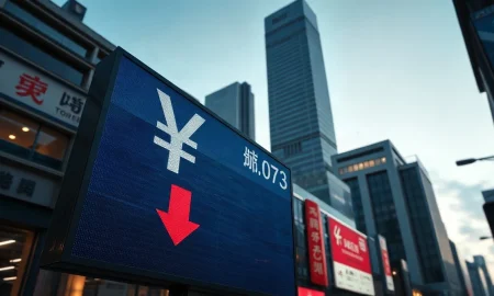 Currency exchange board showing yen symbol with downward arrow in Tokyo financial district