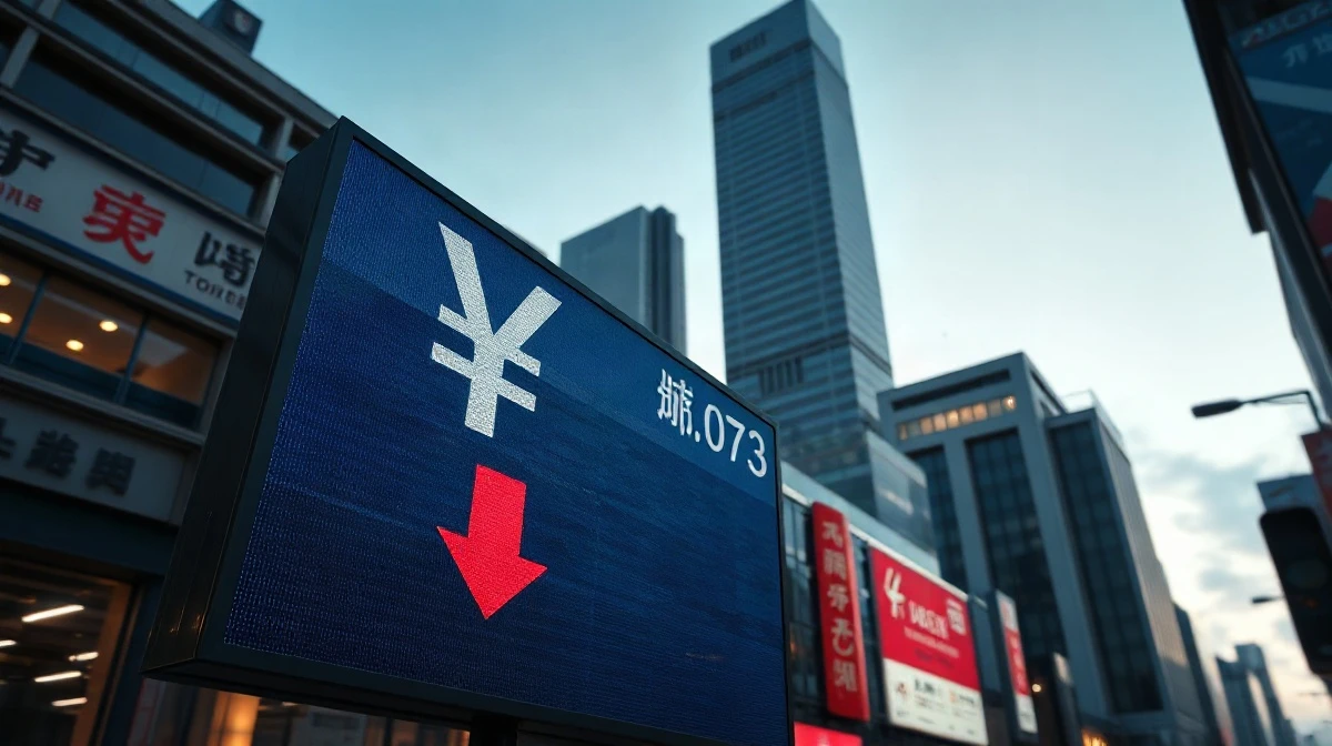 Currency exchange board showing yen symbol with downward arrow in Tokyo financial district