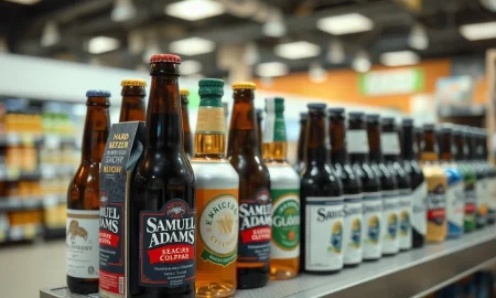 Assorted craft beer bottles and hard seltzer cans on a store shelf, representing Boston Beer's portfolio.