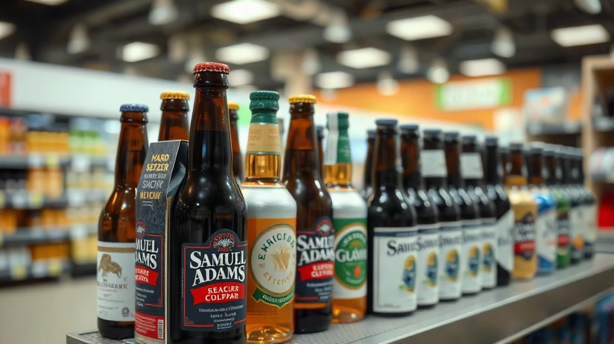 Assorted craft beer bottles and hard seltzer cans on a store shelf, representing Boston Beer's portfolio.