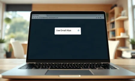 Laptop screen showing a Brave browser pop-up offering an email alias option