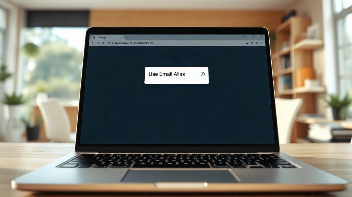 Laptop screen showing a Brave browser pop-up offering an email alias option