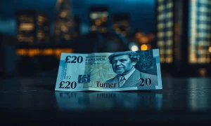 British Pound Sterling banknote on a dark surface with a blurred London financial district background.