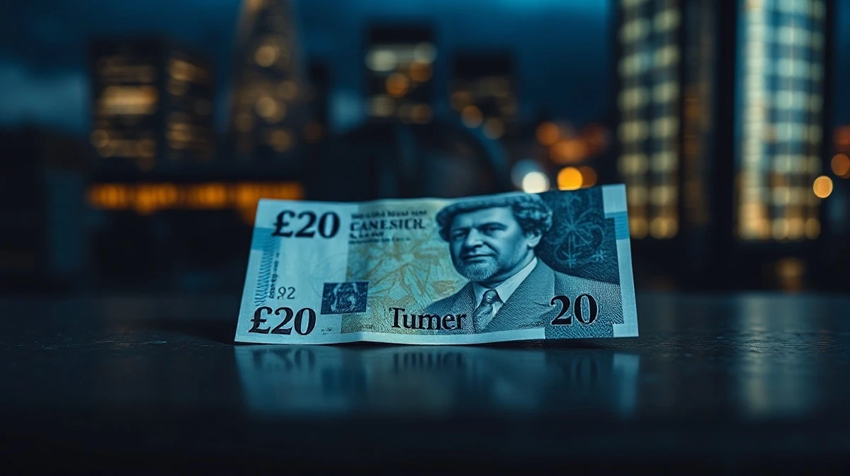 British Pound Sterling banknote on a dark surface with a blurred London financial district background.