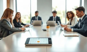 Team in a meeting with a phone showing a calendar notification, representing Calendly's AI note-taker