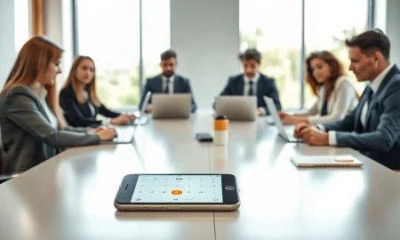 Team in a meeting with a phone showing a calendar notification, representing Calendly's AI note-taker