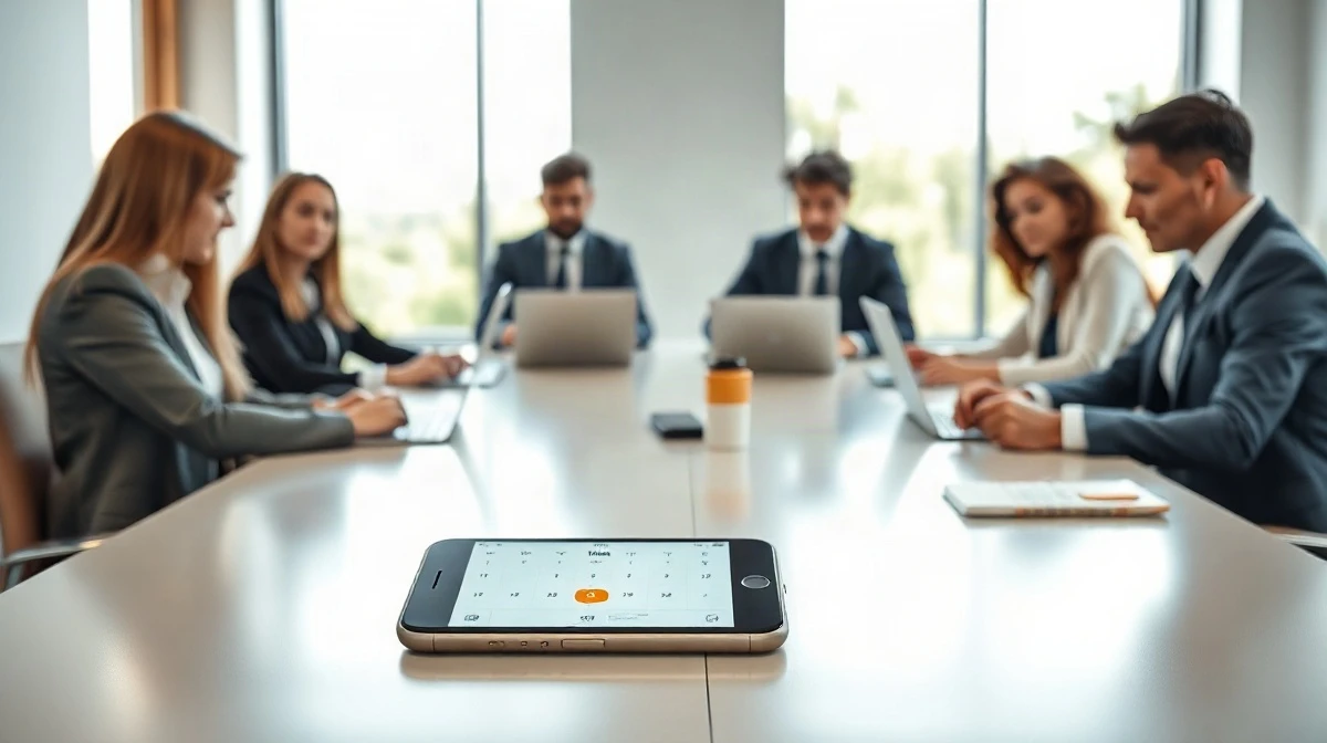 Team in a meeting with a phone showing a calendar notification, representing Calendly's AI note-taker