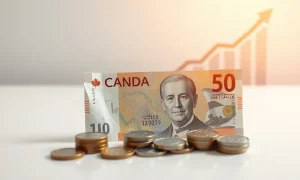 Canadian dollar banknotes and coins with a subtle upward chart in the background