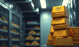 Stack of gold bars in a secure bank vault representing central bank gold reserves.
