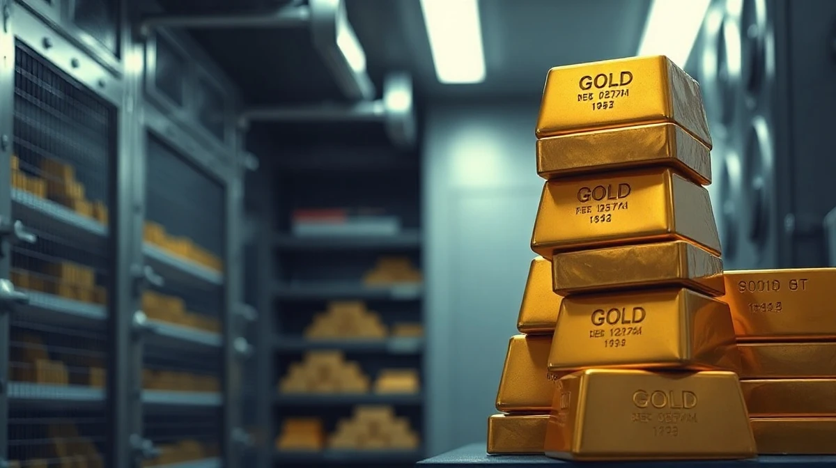 Stack of gold bars in a secure bank vault representing central bank gold reserves.