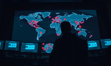 Security analyst monitoring a world map with red alert markers showing LightSpy spyware infections across multiple countries.