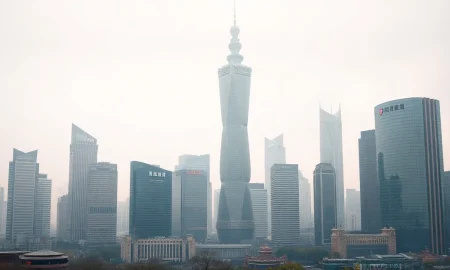 Beijing central business district skyline on a hazy day, reflecting economic slowdown after China's PMI fell below 50.