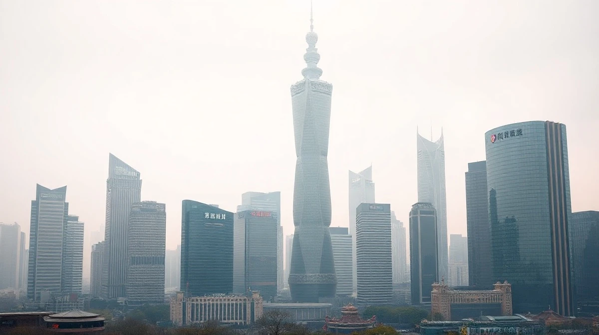 Beijing central business district skyline on a hazy day, reflecting economic slowdown after China's PMI fell below 50.