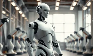 A humanoid robot stands in a modern car factory, symbolizing Chinese automakers' push into robotics.