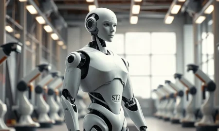 A humanoid robot stands in a modern car factory, symbolizing Chinese automakers' push into robotics.