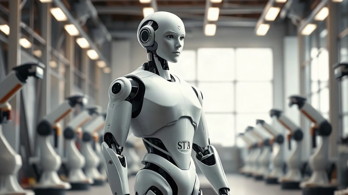 A humanoid robot stands in a modern car factory, symbolizing Chinese automakers' push into robotics.