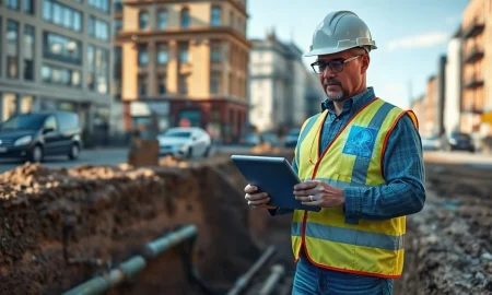 Civil engineer at a construction site using a tablet displaying an underground utility map