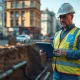 Civil engineer at a construction site using a tablet displaying an underground utility map