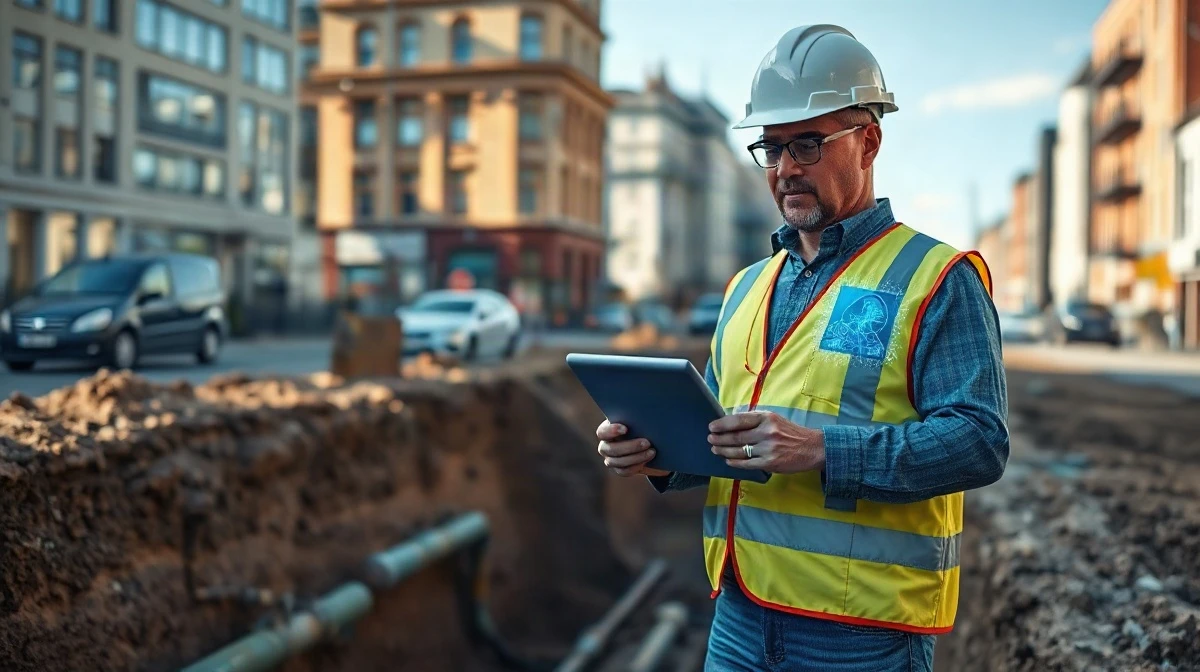 Civil engineer at a construction site using a tablet displaying an underground utility map