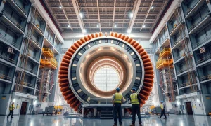 Interior of a large fusion reactor facility under construction with workers and magnetic coils visible