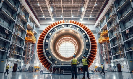 Interior of a large fusion reactor facility under construction with workers and magnetic coils visible