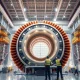 Interior of a large fusion reactor facility under construction with workers and magnetic coils visible