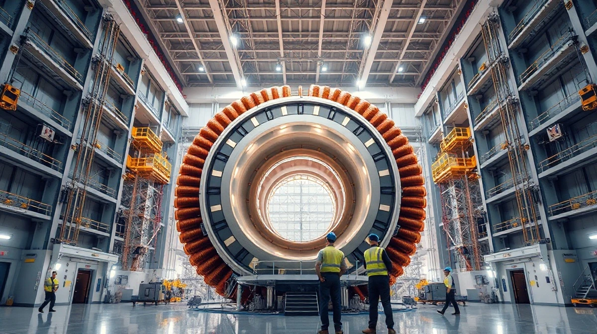 Interior of a large fusion reactor facility under construction with workers and magnetic coils visible