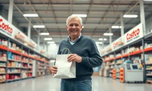 Senior customer holding a paper bag near a Costco pharmacy counter