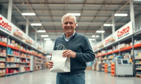 Senior customer holding a paper bag near a Costco pharmacy counter