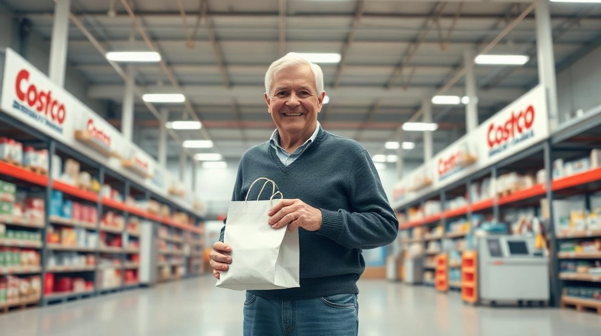 Senior customer holding a paper bag near a Costco pharmacy counter