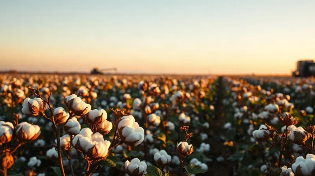 Rows of cotton plants in a field at sunset, representing the cotton commodity market.