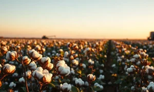 Rows of cotton plants in a field at sunset, representing the cotton commodity market.