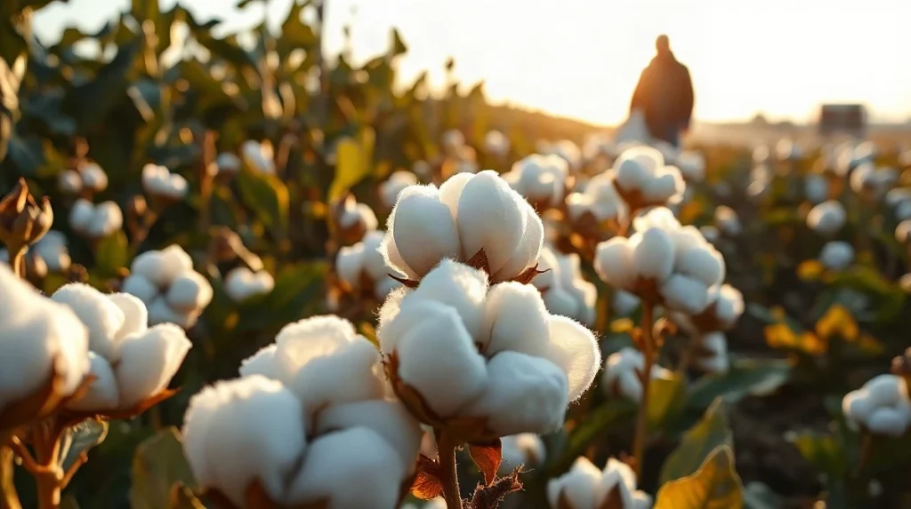 Mature cotton bolls in a field under late afternoon sunlight, representing the cotton market's weekly condition report.