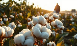 Mature cotton bolls in a field under late afternoon sunlight, representing the cotton market's weekly condition report.
