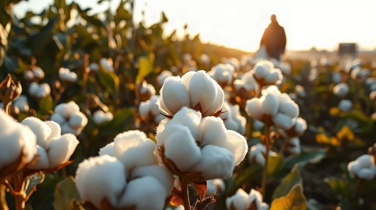 Mature cotton bolls in a field under late afternoon sunlight, representing the cotton market's weekly condition report.