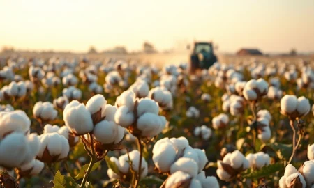 Close-up of mature cotton bolls in a field at sunset, with a tractor in the background.