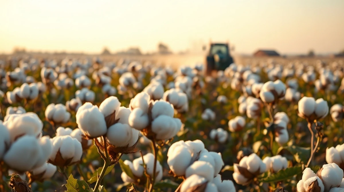 Close-up of mature cotton bolls in a field at sunset, with a tractor in the background.