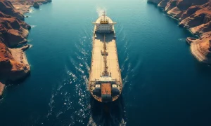 Aerial view of an oil tanker navigating the Strait of Hormuz amid geopolitical tensions.