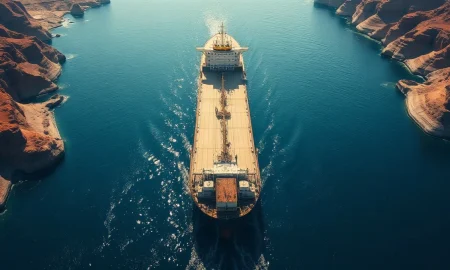Aerial view of an oil tanker navigating the Strait of Hormuz amid geopolitical tensions.