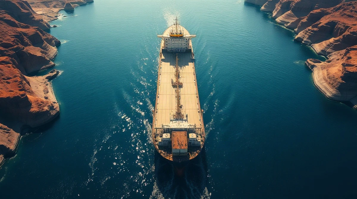 Aerial view of an oil tanker navigating the Strait of Hormuz amid geopolitical tensions.