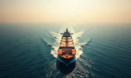Oil tanker sailing through the Strait of Hormuz amid rising crude supply flows